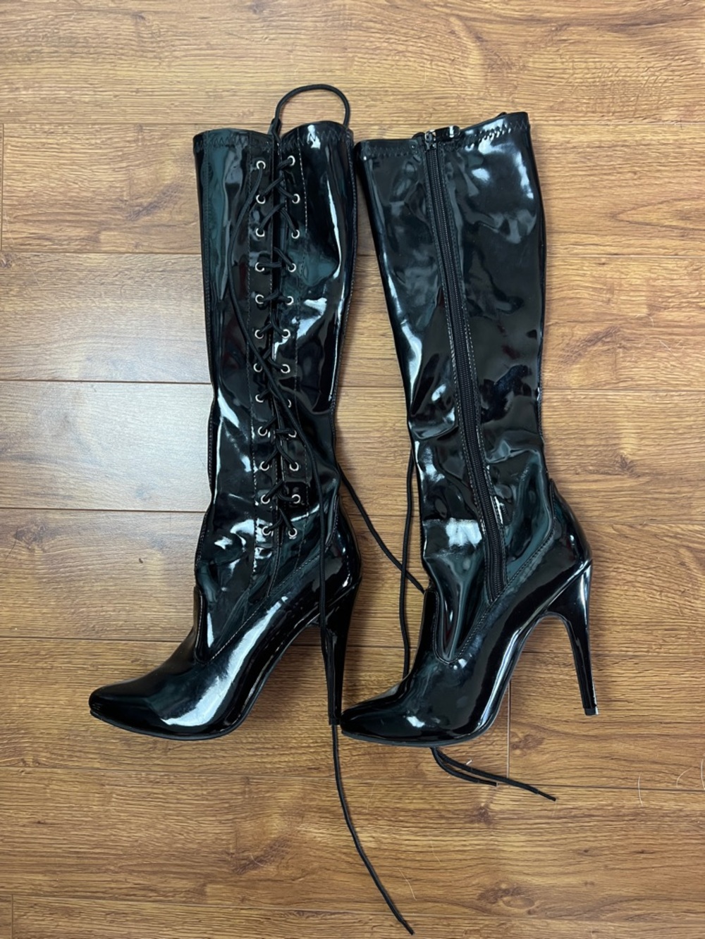 Ellie Black Patent Knee Length Lace-Up Stiletto Boots